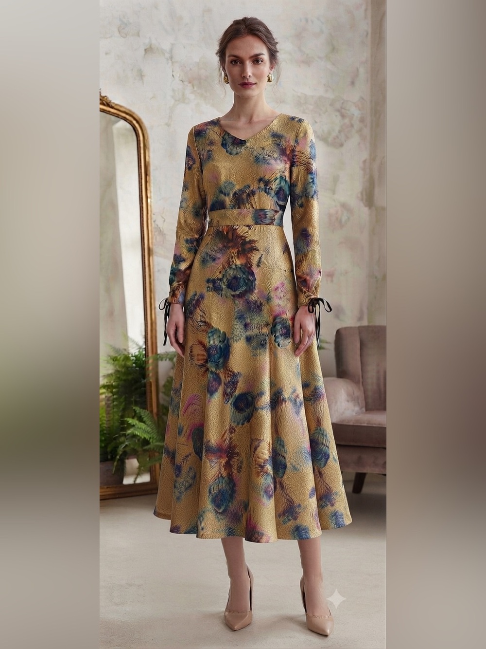 Exquisite Metallic Floral Midi Dress with Black Ribbon Cuffs - Size S